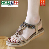 卡帝乐鳄鱼（CARTELO）凉鞋女夏季外穿2025新款波西米亚民族风度假复古水钻软底凉拖鞋子 杏色 37