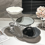 峥野轻奢陶瓷果盘客厅茶几干果盘家用水果盘前台甜品盘蛋糕点心零食盘 荷叶三层果盘+小熊果叉套装