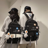 日系韩国ins风大容量书包男女高中学生韩版原宿学院风简约休闲初中生校园背包港风大学生男生双肩包电脑包 黑色+小鸭【关注的店铺带勋章】