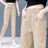 ZGHG棉麻小脚裤女夏季薄款好看新款宽松哈伦裤百搭显瘦休闲九分裤子潮 卡其色【68%人选择】 L 建议【106-115】斤