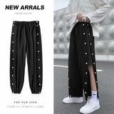 柯菲沃春季新款全开扣裤子男直筒排扣裤男宽松学生篮球小束脚训练运动九分韩版潮高街嘻哈直筒哈伦裤 稳过-W18黑色 XL