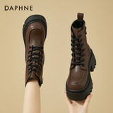 达芙妮马丁靴女内增高短靴百搭粗跟高跟黑色加绒女靴4623607126棕色36