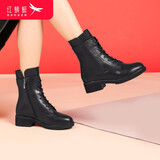 红蜻蜓女鞋冬季新款马丁靴女机车短靴英伦显瘦短筒靴子女 黑色单靴 40