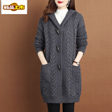初径毛衣针织开衫女2025秋冬新款连帽时尚百搭外穿加厚保暖中长款外套 灰色 2XL 建议120-135斤