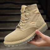 劲越马丁靴男雪地靴男秋季冬款加绒高帮短靴英伦风学生潮流工装鞋子男 107沙色-皮面不加绒 41