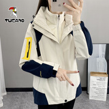 啄木鸟冲锋衣女三合一秋冬加厚保暖西藏登山薄款外套男女定制工作服LOGO 米白女款三合一（外套+内胆） XL(建议108-123斤)