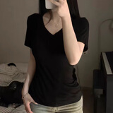 妙奕嘉短袖女修身正肩t恤新款夏季白色V领半袖纯欲辣妹上衣显瘦百搭纯色 V领收腰短袖【黑色】 M 【建议 95-105斤】
