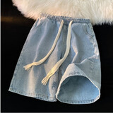 港埔潮美式复古松紧腰浅蓝色牛仔短裤男士潮牌夏季休闲大码五分裤子高街 浅蓝色 XL