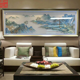 轩尼匠心蓝色千里江山图织锦绣客厅挂画苏州刺绣沙发背景墙装饰画山水壁画 立体黑金框 220*80 高端框