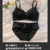 俏曼芬夏季内衣女超薄款大胸显小聚拢收副乳防下垂无钢圈大码胸罩性感少女文胸套装 黑色套装（配内裤） 38/85(ABC通杯厚约0.3CM)
