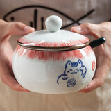 和风四季釉下彩调味罐复古盐罐油罐厨房调料罐调料盒陶瓷辣椒罐猪油罐炖盅 招财猫红色大号调味罐+祖母勺