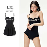 安与·洛施琪新款复古纯欲公主风镶钻显瘦遮肚温泉度假连体泳衣女 黑色泳衣+裙子 M(  建议80-95斤送裙子 )