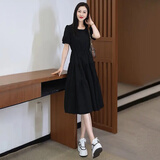忻依美短袖连衣裙女2026夏季新款高级感气质时尚收腰显瘦宽松休闲裙子 黑色 M （80-100斤）