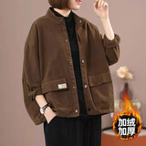 萌菲思肥胖女人春秋季新款韩版休闲短外套200斤胖妹妹大码宽松显瘦夹克 咖啡色 加绒 XXL【建议160-200斤】