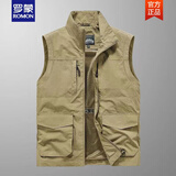 罗蒙（ROMON）春秋季新款速干男士马甲大码多口袋马夹背心外套户外工装坎肩上衣 2385卡其色(薄款) XL 建议(130-150斤)