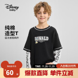 迪士尼（DISNEY）童装儿童男童假两件长袖T恤棉吸汗打底上衣24秋DB431AE04黑140