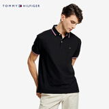 TOMMY HILFIGER夏季男装休闲珠地棉网眼条纹镶边翻领短袖T恤POLO衫B2300 黑色012 S 推荐：120/130斤