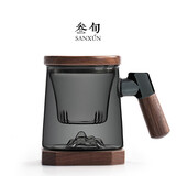 叁旬玻璃茶杯茶水分离杯子男士办公室大容量带盖过滤泡茶水杯 远山(青纯)玻璃茶杯【胡桃木_带杯垫】