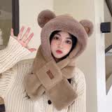 溪谷幽幽毛绒小熊帽子围巾一体女款2024新款冬季手套连帽围脖骑行三件套暖 耳朵刺绣熊-帽子（驼色）