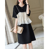 德玛纳【轻法图鉴】夏圆领飘逸网纱拼接针织温柔针织连衣裙女中长款