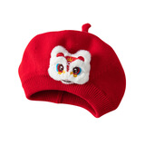 旻胜宝宝贝雷帽秋冬喜庆红色毛线帽可爱拜年帽婴幼儿男女宝宝圣诞帽 醒狮贝雷帽【红色44-48cm】