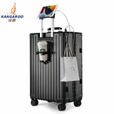 袋鼠（KANGAROO）铝框行李箱加厚复古皮手提拉杆箱商务结实耐用可坐人硬壳密码箱包 卡扣曜石黑【杯架+usb+支架】 24英寸 【短途行】双封闭干湿分离