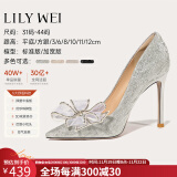 Lily Wei怦然心动法式高跟鞋仙女水晶婚鞋细跟尖头新娘蝴蝶结 银色【跟高10厘米】 36