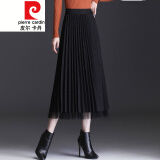 皮尔卡丹毛呢网纱半身裙女秋冬2021高腰中长款两面穿亮丝a字百褶长裙针织 黑色 均码