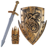 六一节盔甲铠甲勇士道具可穿儿童节演出道具海盗刀剑玩具盾牌 飞龙盾牌套装