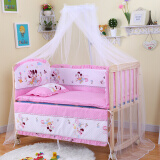 贝快乐婴儿床实木无漆摇床BB床宝宝床可变书桌可侧翻可与大人床对接 床+蚊帐+粉色米奇五件套