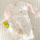 迪尼豆豆（dinidoudu）0-6月新生儿绑带连体衣初生婴儿衣服男女宝宝夏季哈衣和尚服3薄款 婴儿夏（蝴蝶哈衣）绿叶小花粉~ 66cm 建议8-13斤内