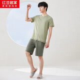 红豆居家（Hodohome）情侣全棉睡衣简约休闲风短袖家居服套装可外穿 男款军旅绿 XL 175/96A