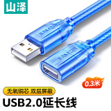 山泽(SAMZHE）USB延长线usb2.0高速传输数据连接线 公对母 AM/AF  U盘鼠标键盘加长线 透明蓝0.3米BL-903