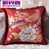倾贝园 欧式奢华沙发靠垫抱枕套客厅酒店会所靠背含芯汽车红木提花腰靠 吉祥鸟酒红色//须边 含枕芯 48*48cm600克
