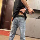 益帛（YIBO）牛仔裤男秋冬新款潮牌刺绣ins网红同款直筒小脚修身休闲长裤子男 蓝色 XL 【建议120-140斤】