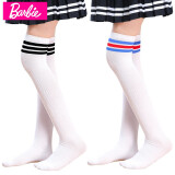 芭比儿童长筒袜过膝棉女童夏季薄款中筒袜男童运动高筒足球袜子 白色黑条+白色红蓝条（网眼款） S码