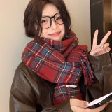 粉乐姿格子红色围巾生日礼物女围脖保暖送老婆长款秋冬实用本命年披肩 格子流苏围巾【红色】
