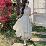 唐菓蜜连衣裙女夏季2025年新款法式气质甜美减龄收腰显瘦初恋风仙女裙子 米杏色 M