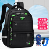 卡米羊Kamiyang背包男双肩包男童四五六年级书包高中初中学生小学生防水减负帅气 黑绿色（鎹笔盒+手表） 大号3-6年级