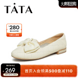 他她（TATA）通勤蝴蝶结平底鞋女单鞋舒适一脚蹬浅口鞋春秋Y8WA1AA3 米色（格纹款） 35