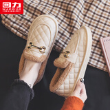 回力官方女鞋棉鞋女冬季加绒2025新款毛毛鞋孕妇豆豆鞋子女 米色 37