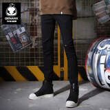 闪电潮牌（GENANX）小脚乞丐牛仔裤潮修身弹力设计师潮牌破洞紧身牛仔裤男青年 黑色 29