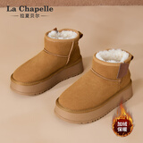 拉夏贝尔雪地靴女鞋冬季加绒保暖棉鞋女士黑色厚底短靴 驼色-1020 37 