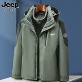JEEP SPIRIT吉普冲锋衣三合一夹克男秋冬季男士防风加绒可拆卸户外登山服外套 军绿色 3XL 【建议165-180斤】