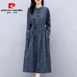 皮尔卡丹棉麻长袖连衣裙女春秋季2025年新款时尚减龄气质名媛洋气棉质裙子 蓝灰色 XL (建议115-125斤 高品质)