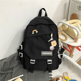 酷咖书包女生初高中大学生双肩背包小学生韩版简约帆布可爱大容量 黑色小号（带鸭子挂件+带徽章）