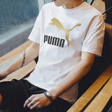 彪马（PUMA）短袖T恤男秋季运动服时尚logo圆领跑步休闲半袖上衣 536345-02/彪马白-金色 M