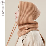 玖慕（JIUMU）帽子围巾一体秋冬纯羊毛连帽围巾脖套两用保暖针织毛线帽 MY030 卡其驼