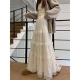 乐卡利白色芭蕾风半身裙女春秋温柔高腰A字重工蕾丝拼接仙女蛋糕裙长裙 米白色 M 【建议80-95斤】