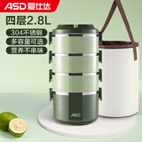 爱仕达（ASD） 保温饭盒 食品级304不锈钢外分层大容量成人多层便携学生便当盒 绿色2.8L四层饭盒+便携保温袋